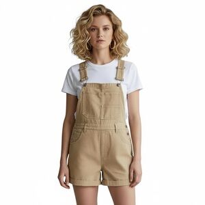 NWT Tan Khaki Twill Overall Shorts Jumpsuit Romper